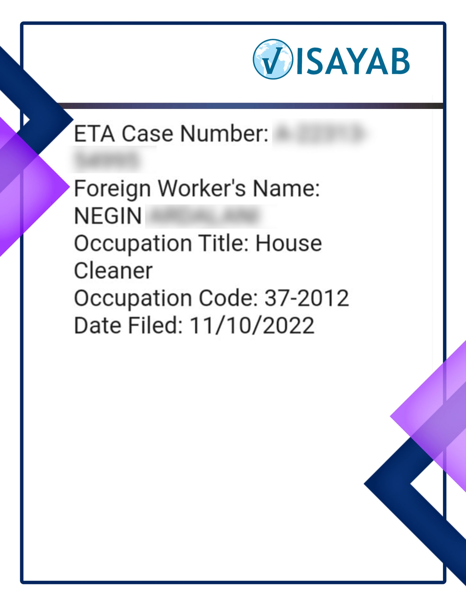اخذ ETA Case number امریکا