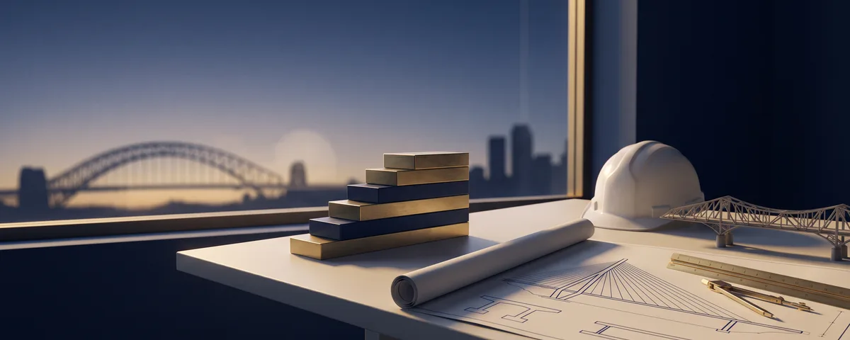 Stylized editorial still life of a civil engineer's drafting table with unrolled bridge blueprints, scale ruler, white hard hat and a small truss model, beside ascending brass blocks, with a navy twilight city and bridge silhouette through a window in deep navy, gold and off-white tones.