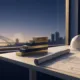 Stylized editorial still life of a civil engineer's drafting table with unrolled bridge blueprints, scale ruler, white hard hat and a small truss model, beside ascending brass blocks, with a navy twilight city and bridge silhouette through a window in deep navy, gold and off-white tones.