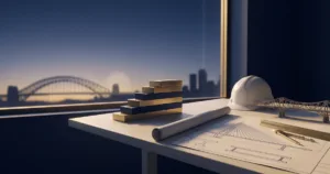 Stylized editorial still life of a civil engineer's drafting table with unrolled bridge blueprints, scale ruler, white hard hat and a small truss model, beside ascending brass blocks, with a navy twilight city and bridge silhouette through a window in deep navy, gold and off-white tones.