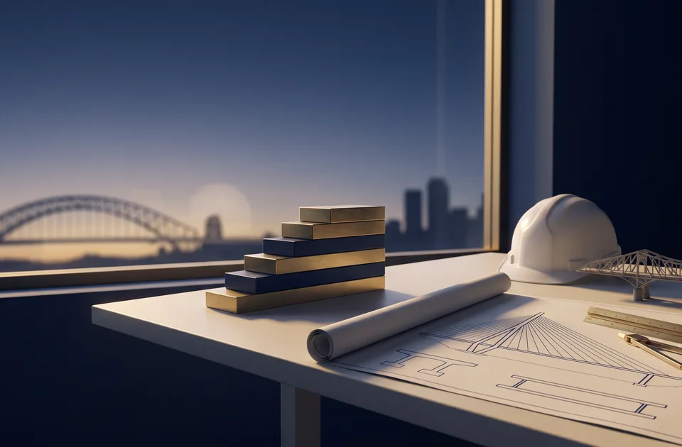 Stylized editorial still life of a civil engineer's drafting table with unrolled bridge blueprints, scale ruler, white hard hat and a small truss model, beside ascending brass blocks, with a navy twilight city and bridge silhouette through a window in deep navy, gold and off-white tones.